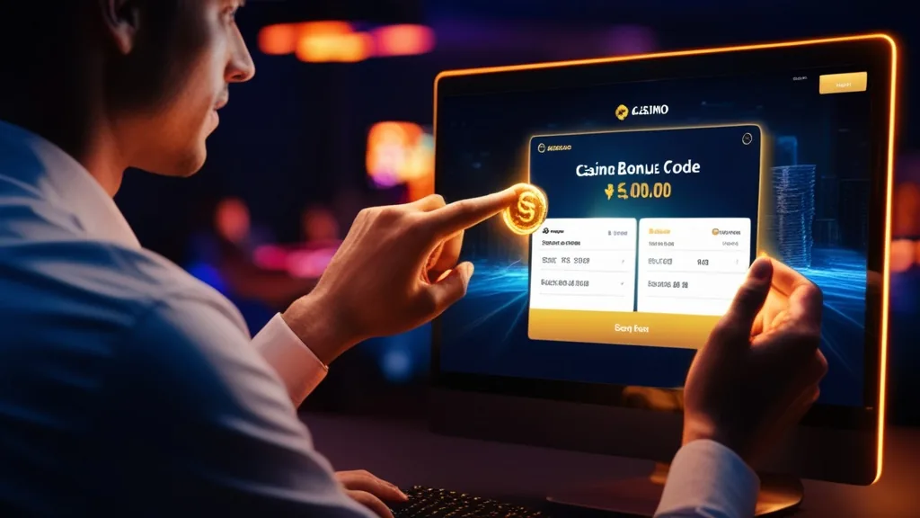 Code bonus vérifié sur un écran de casino dans une ambiance sombre