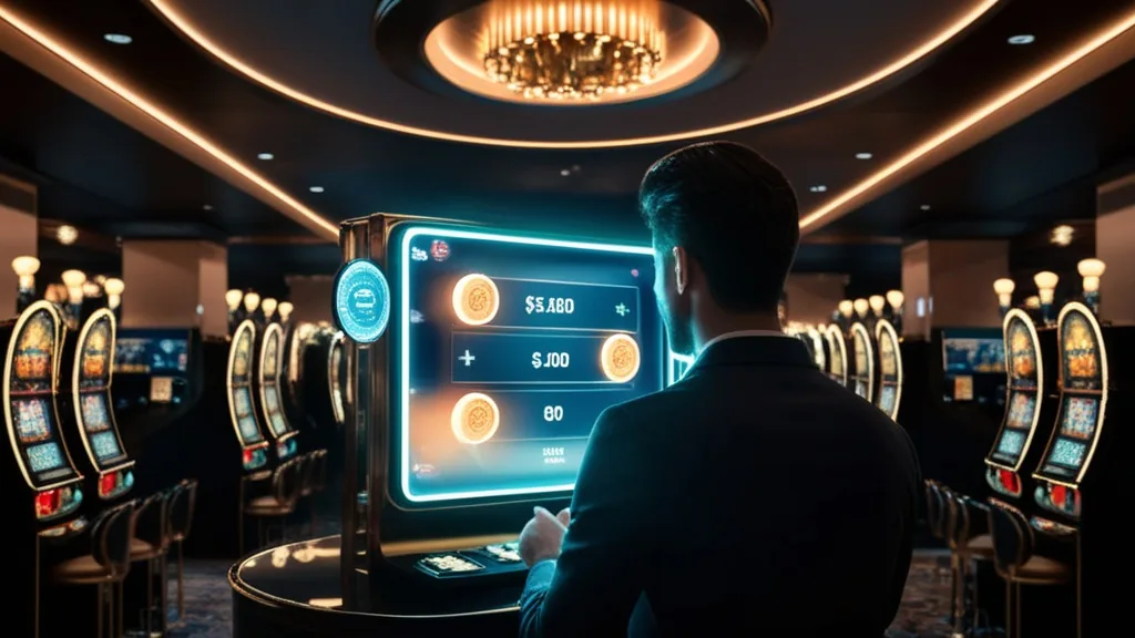 Joueur consultant les offres de bonus dans un casino sombre et moderne