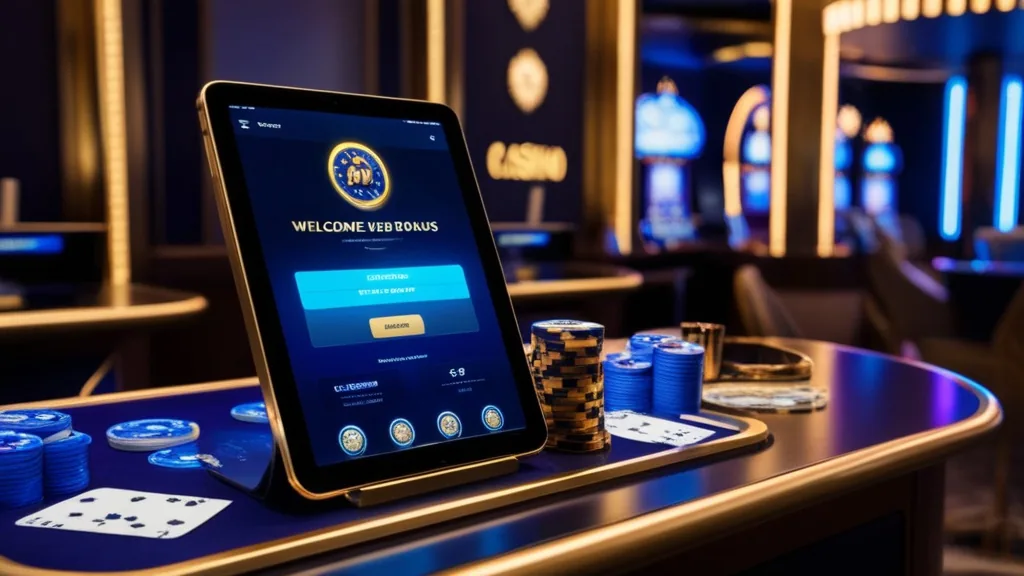 Interface de bienvenue et vérification de compte dans un casino élégant
